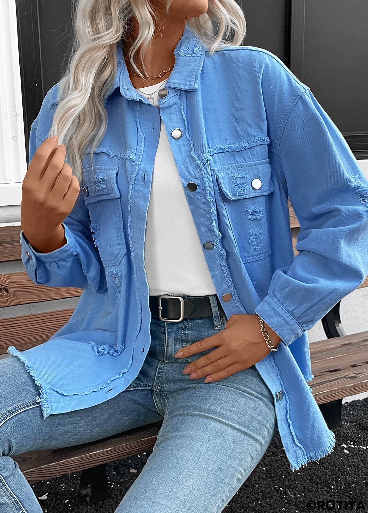 Denim Blue tops,Plain Color tops,Long Sleeve Patchwork Denim Blue Shirt