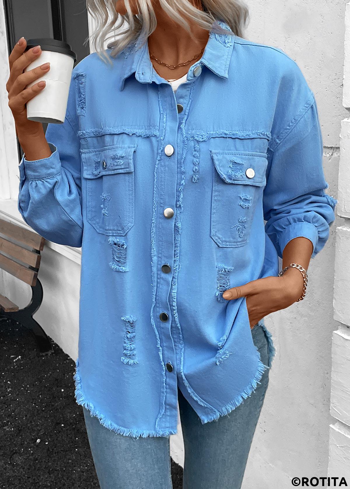 Denim Blue tops,Plain Color tops,Long Sleeve Patchwork Denim Blue Shirt