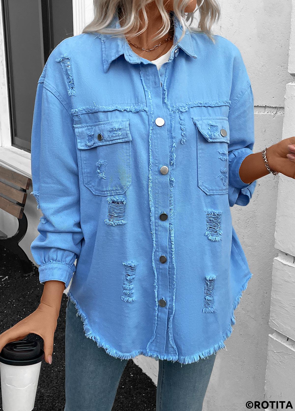 Denim Blue tops,Plain Color tops,Long Sleeve Patchwork Denim Blue Shirt