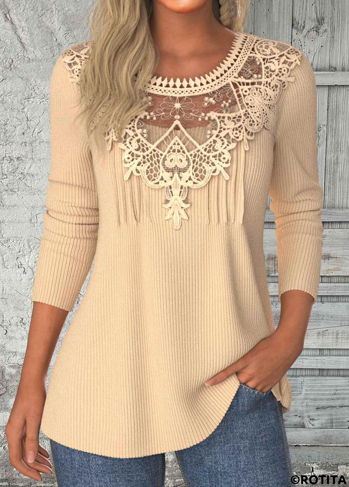 Light Camel tops,Plain Color tops,ROTITA Patchwork Light Camel Round Neck Long Sleeve T Shirt