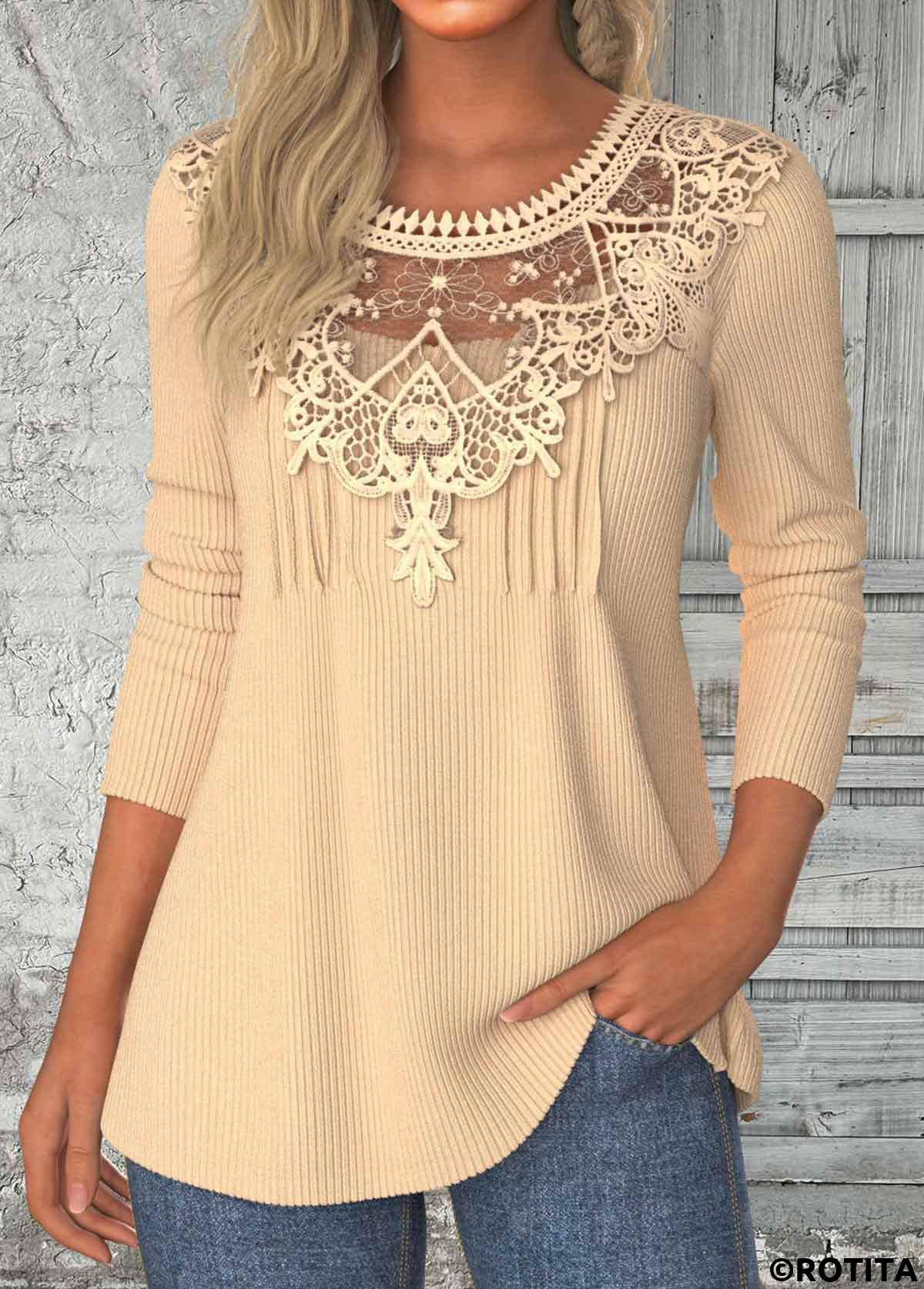 Light Camel tops,Plain Color tops,ROTITA Patchwork Light Camel Round Neck Long Sleeve T Shirt