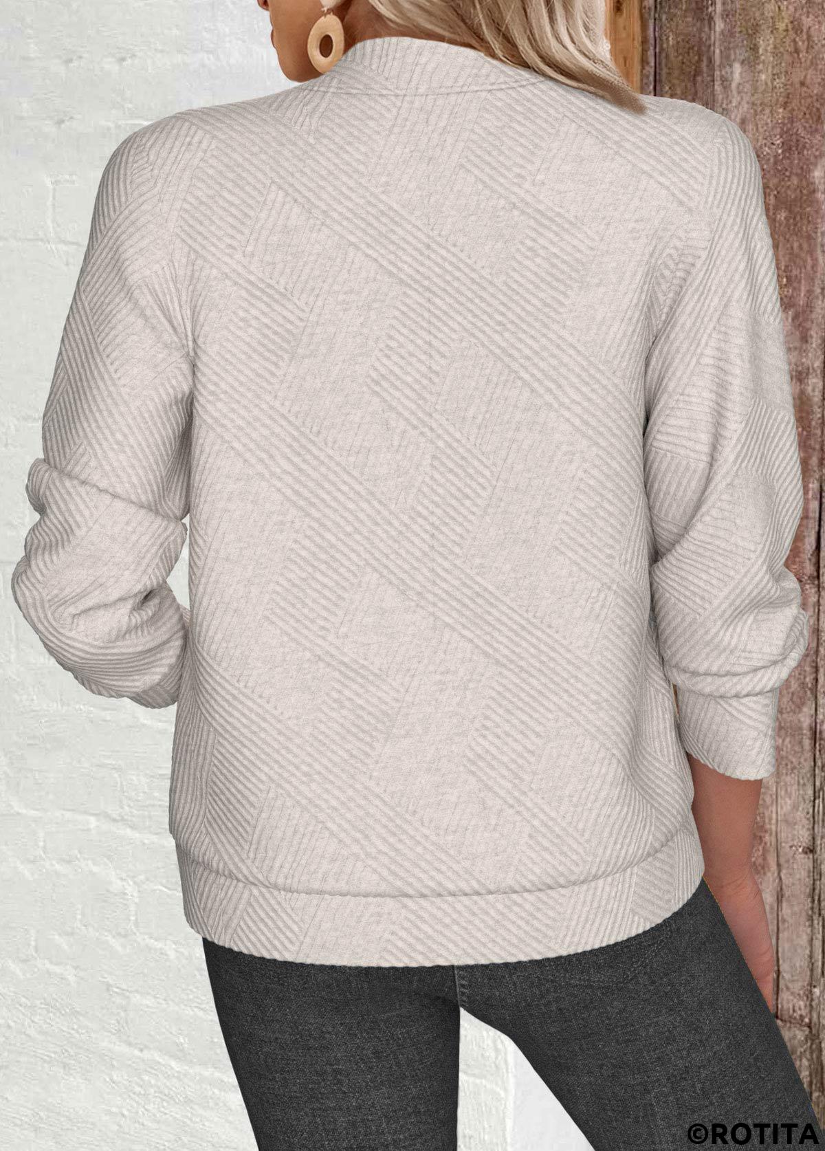 Beige tops,Plain Color tops,ROTITA Textured Fabric Beige Stand Collar Long Sleeve Jacket