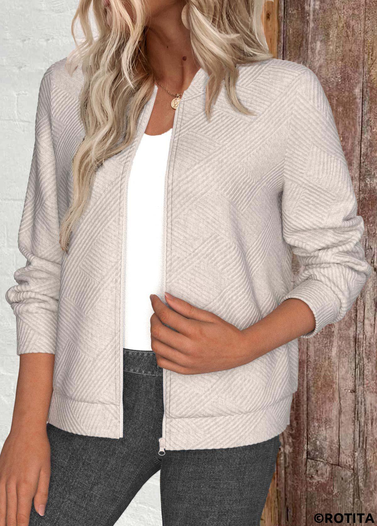 Beige tops,Plain Color tops,ROTITA Textured Fabric Beige Stand Collar Long Sleeve Jacket