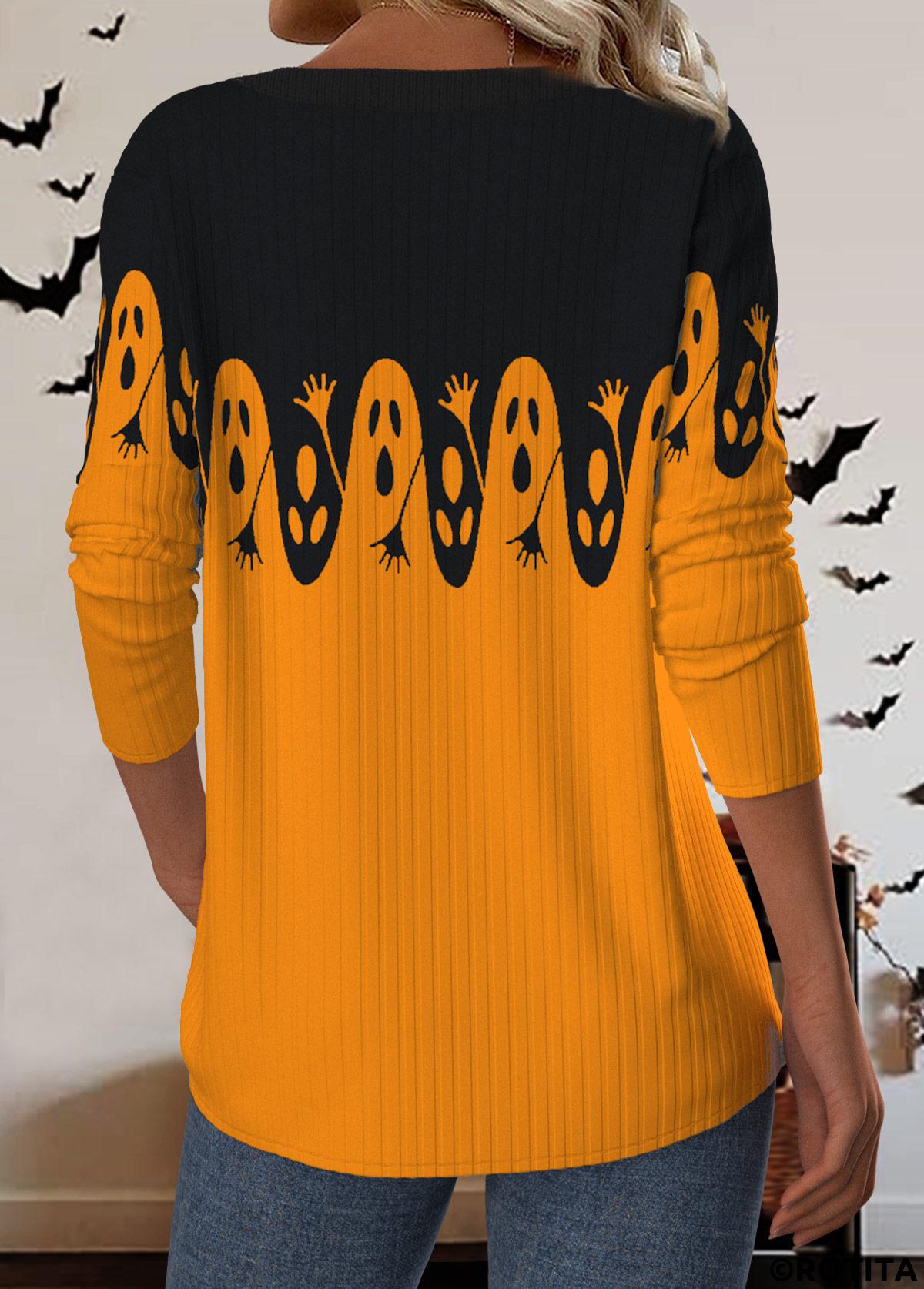 t-shirt à manches longues et col rond orange avec boutons d'Halloween Rotita