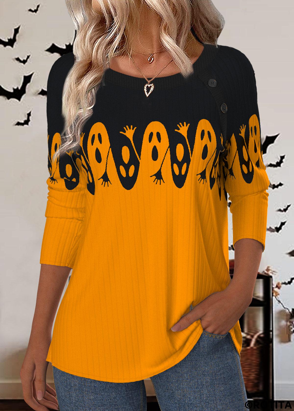 t-shirt à manches longues et col rond orange avec boutons d'Halloween Rotita