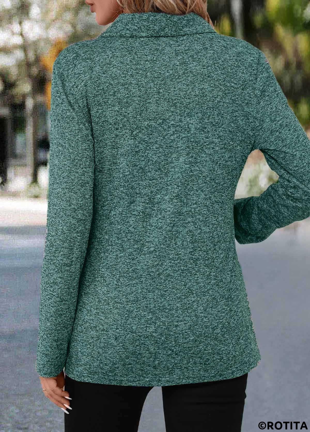 Turquoise tops,Plain Color tops,ROTITA Button Turquoise Turn Down Collar Long Sleeve Blouse