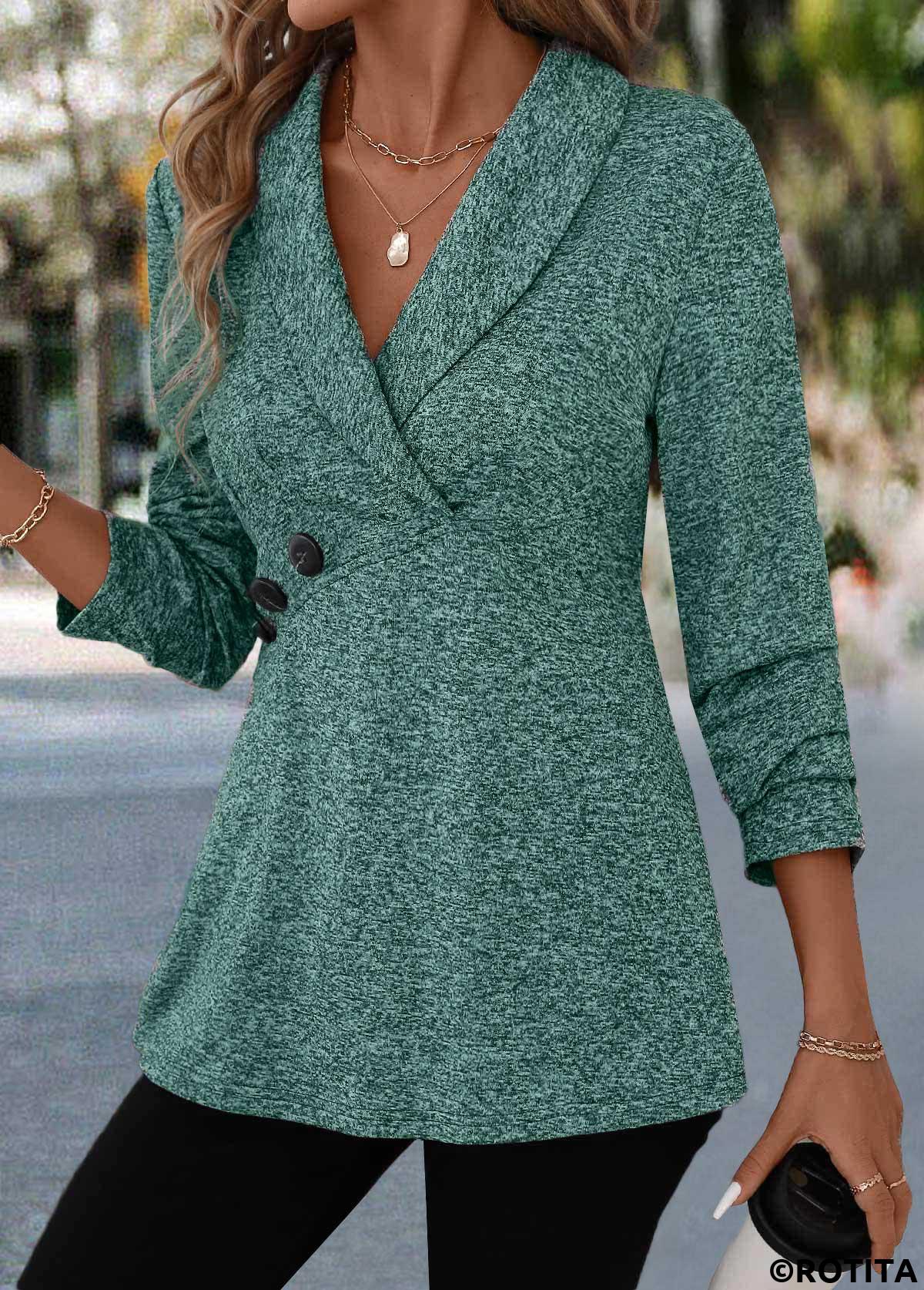 Turquoise tops,Plain Color tops,ROTITA Button Turquoise Turn Down Collar Long Sleeve Blouse
