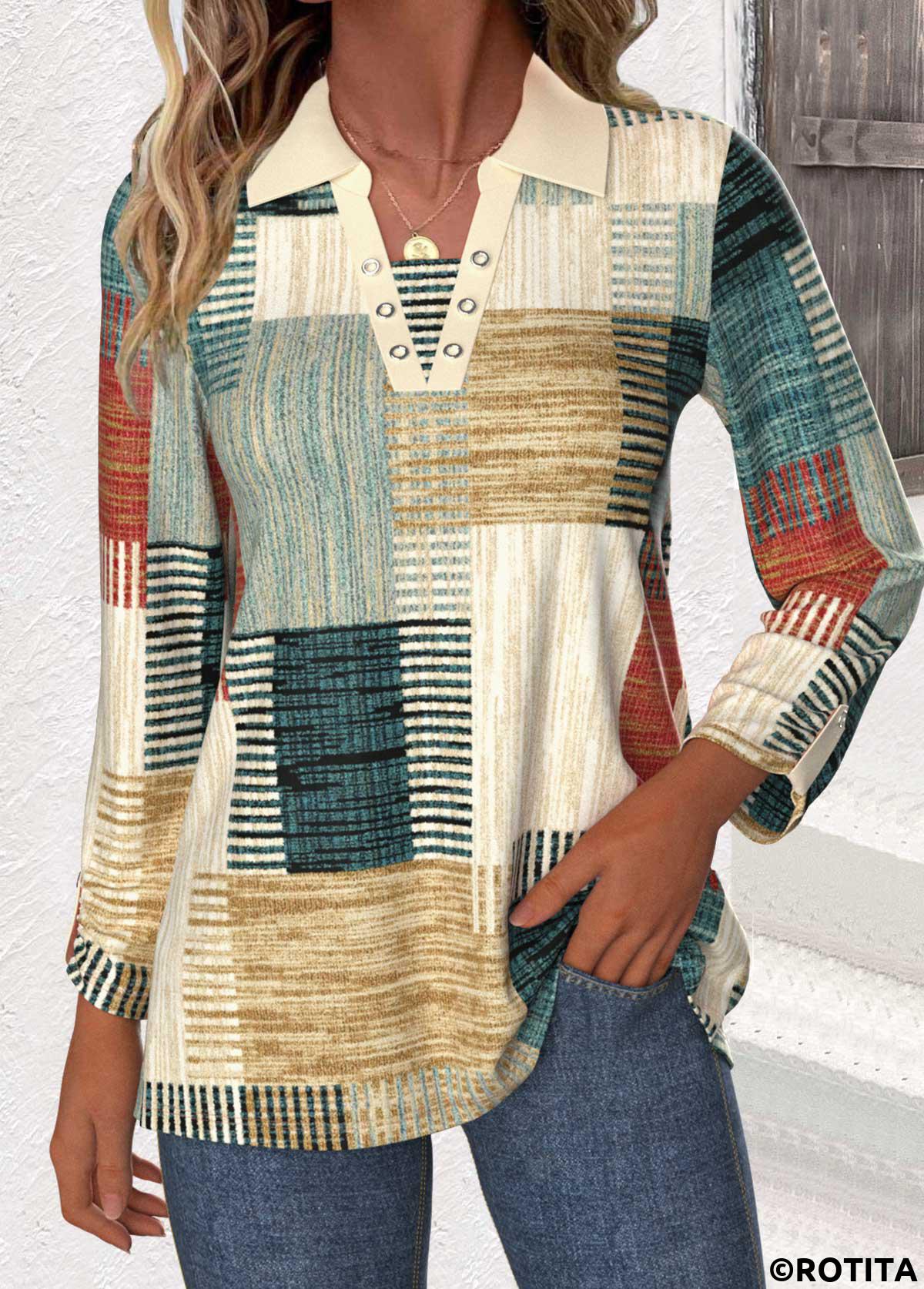 blouse à col chemise multicolore à imprimé géométrique patchwork rotita