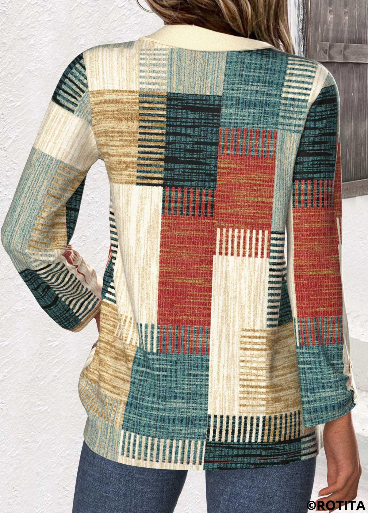 blouse à col chemise multicolore à imprimé géométrique patchwork rotita