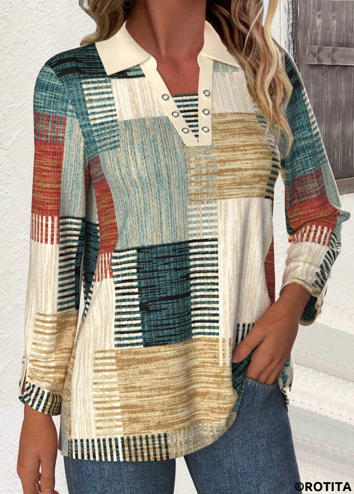 blouse à col chemise multicolore à imprimé géométrique patchwork rotita
