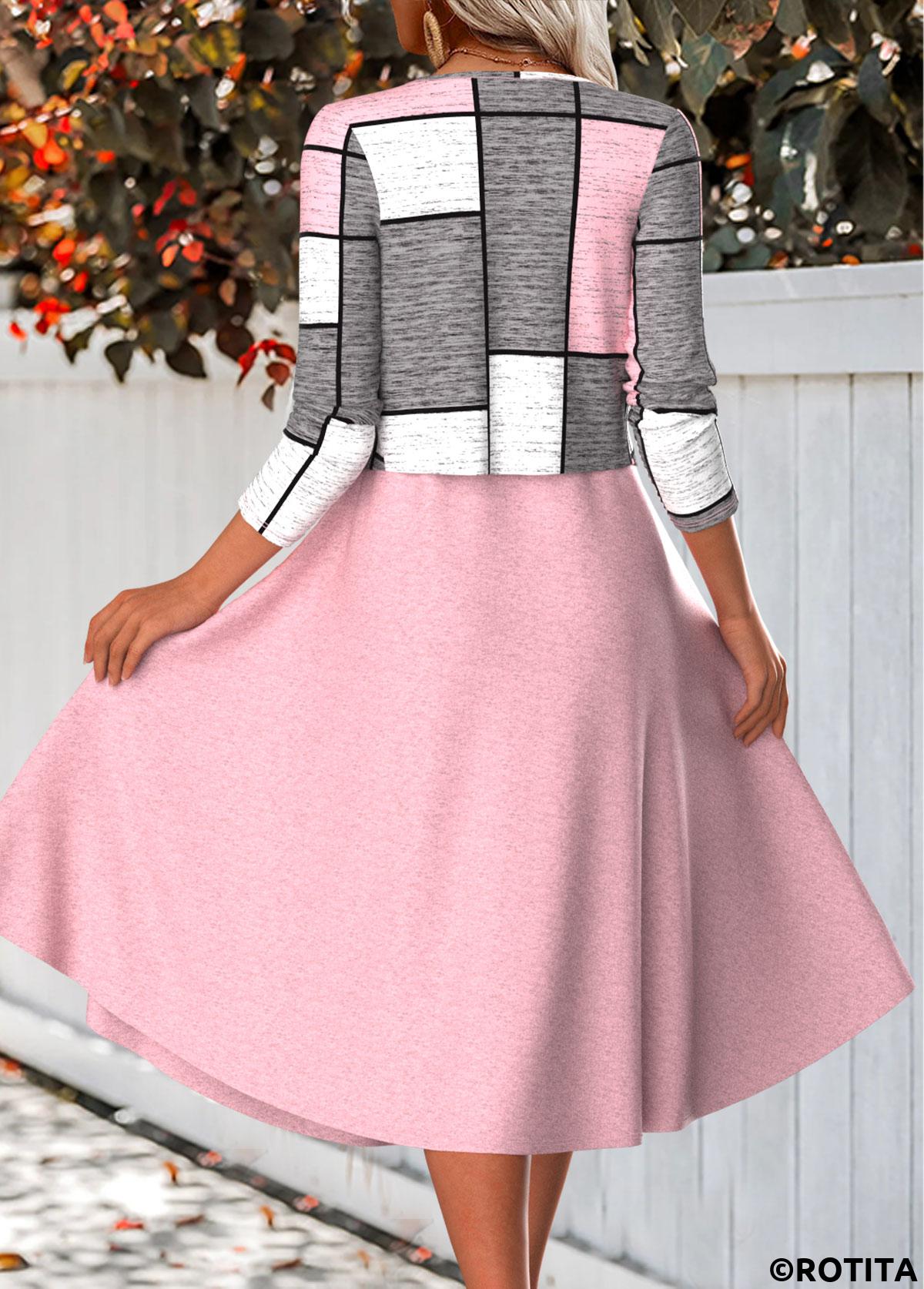 Pink dresses,Plaid dresses,Geometric dresses,Everyday dresses,Casual dresses,ROTITA Two Piece Plaid Pink Round Neck Dress and Cardigan