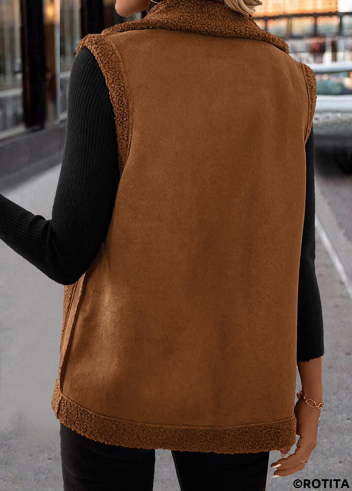 Dark Coffee tops,Plain Color tops,ROTITA Patchwork Dark Coffee Turn Down Collar Sleeveless Waistcoat