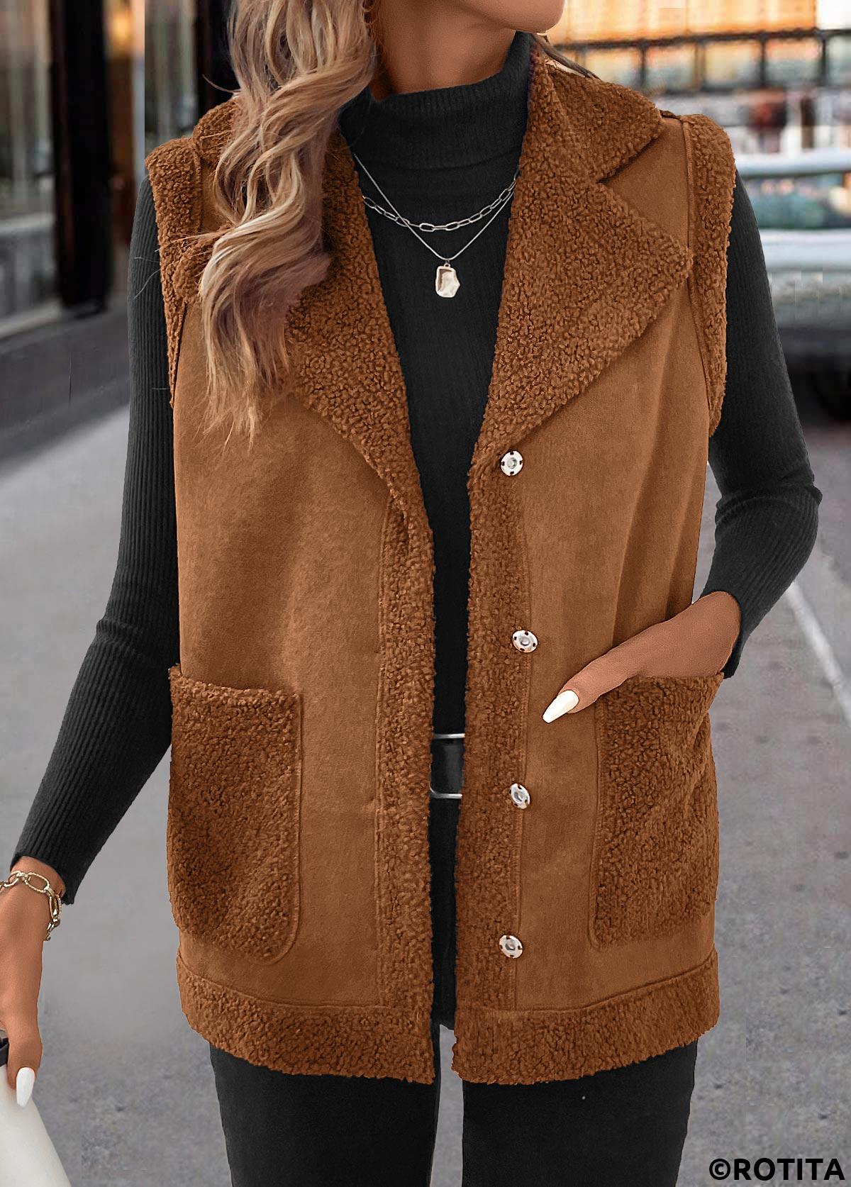 Dark Coffee tops,Plain Color tops,ROTITA Patchwork Dark Coffee Turn Down Collar Sleeveless Waistcoat