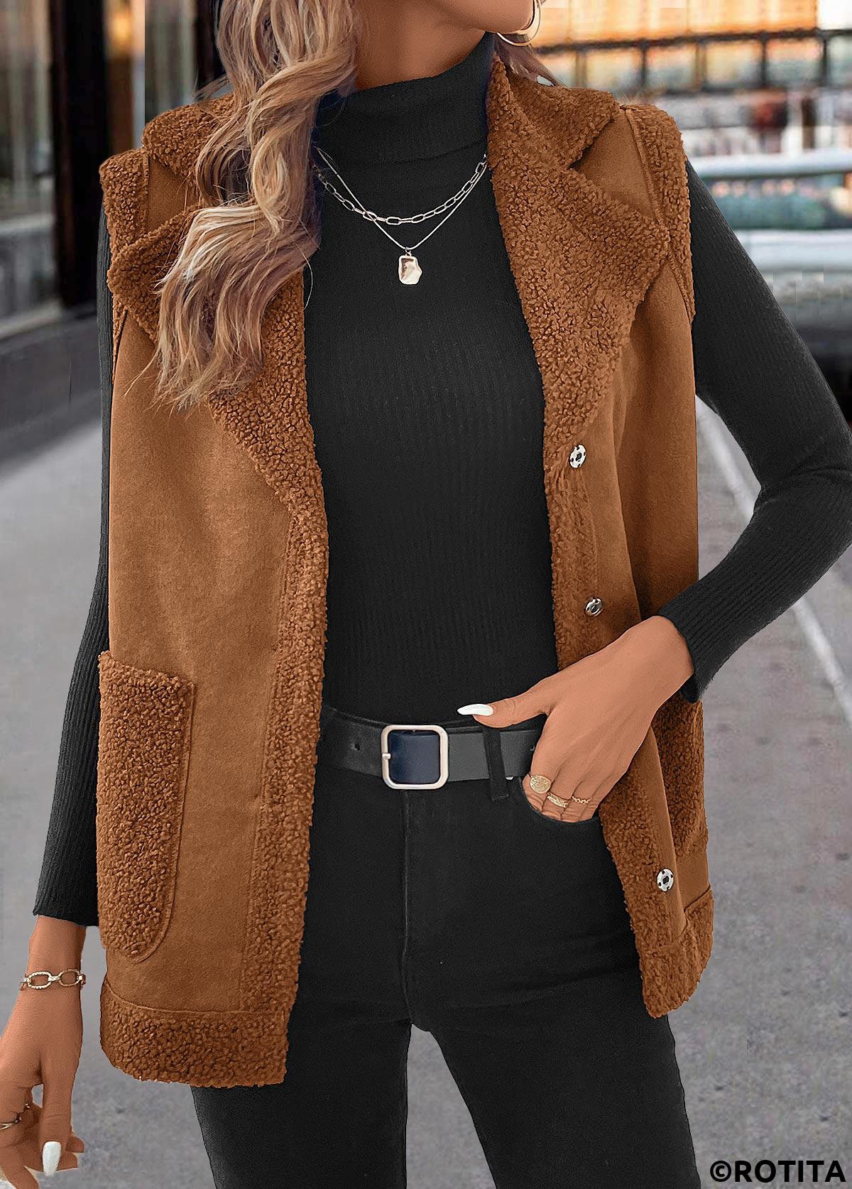 Dark Coffee tops,Plain Color tops,ROTITA Patchwork Dark Coffee Turn Down Collar Sleeveless Waistcoat