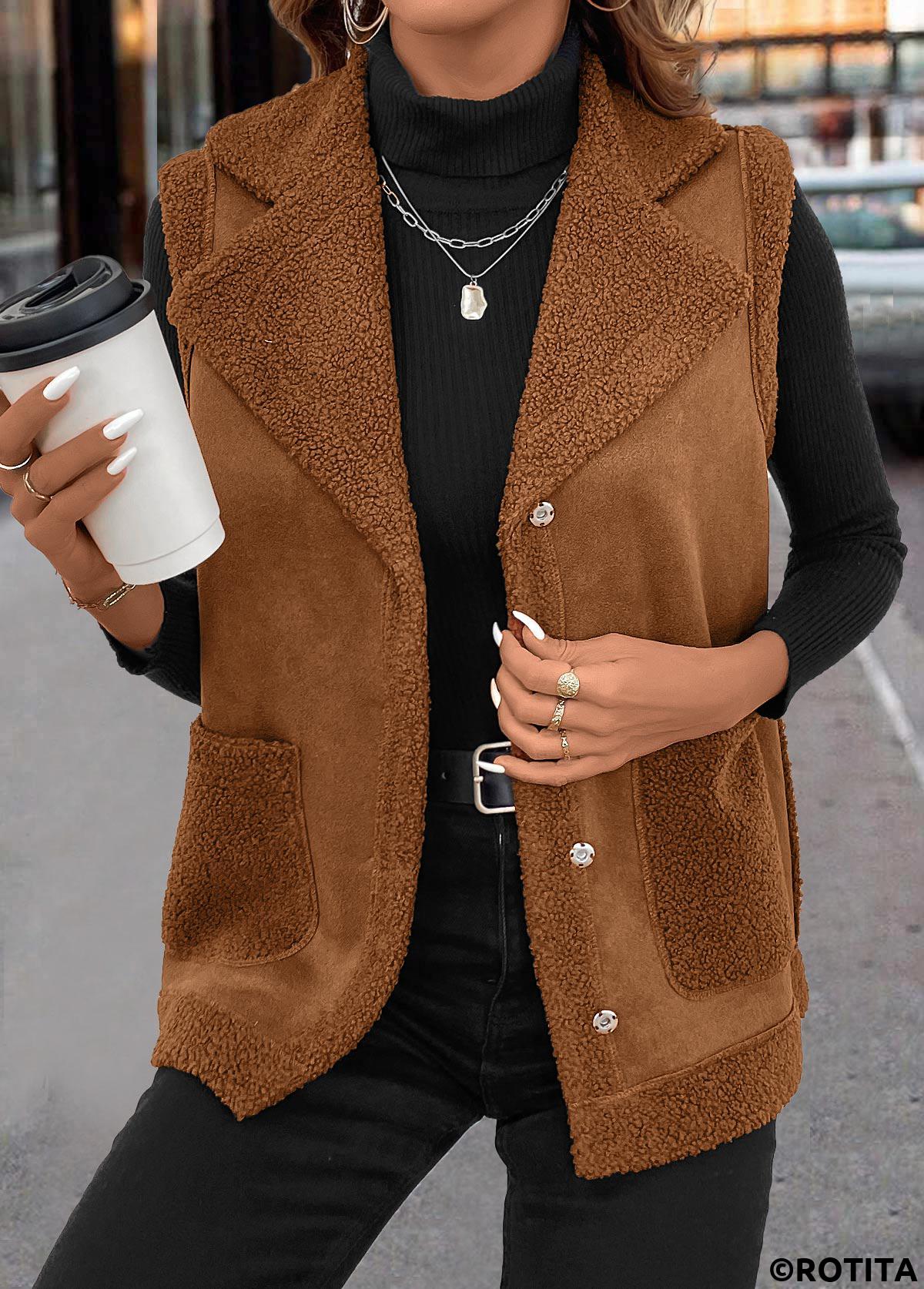 Dark Coffee tops,Plain Color tops,ROTITA Patchwork Dark Coffee Turn Down Collar Sleeveless Waistcoat