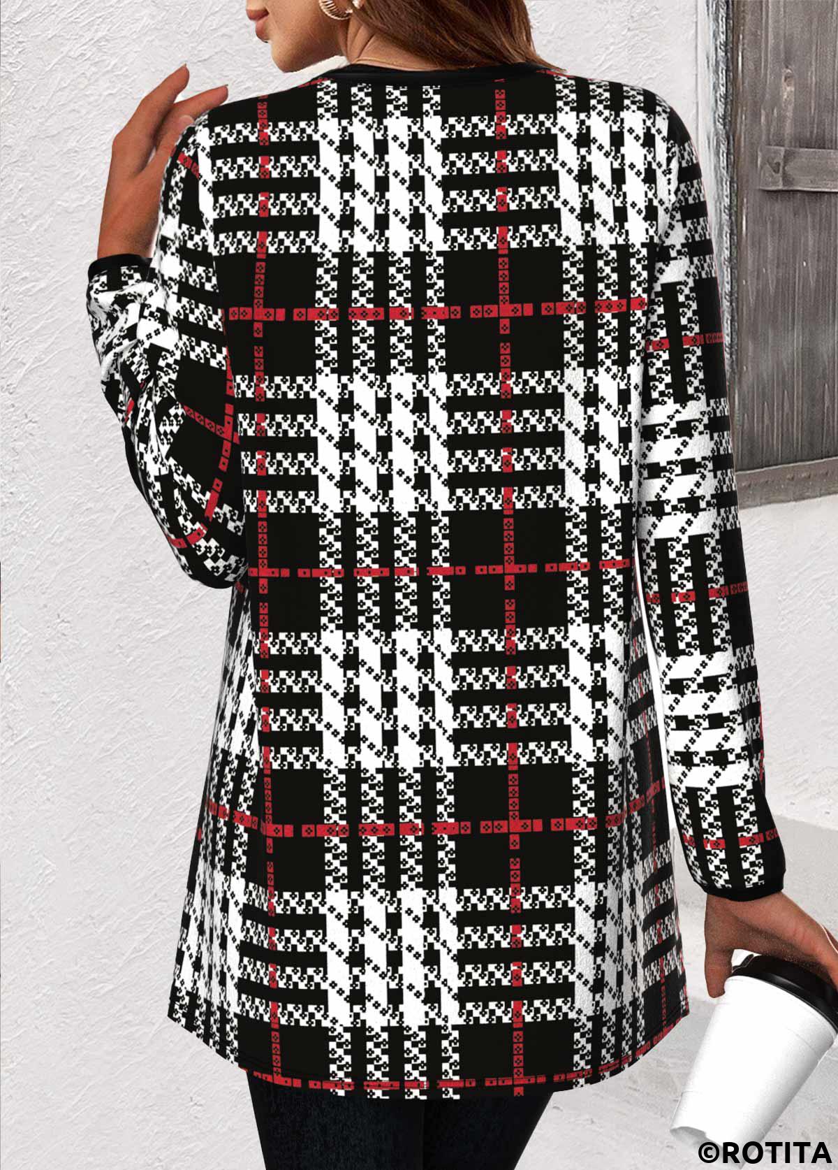 Black tops,Plaid tops,Geometric tops,Striped tops,ROTITA Patchwork Plaid Black Long Sleeve Coat