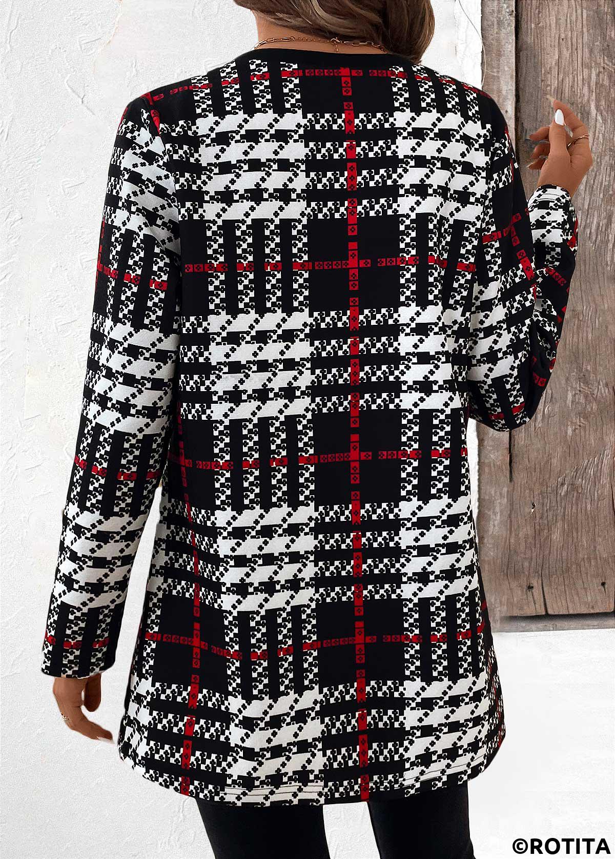 Black tops,Plaid tops,Geometric tops,Striped tops,ROTITA Patchwork Plaid Black Long Sleeve Coat
