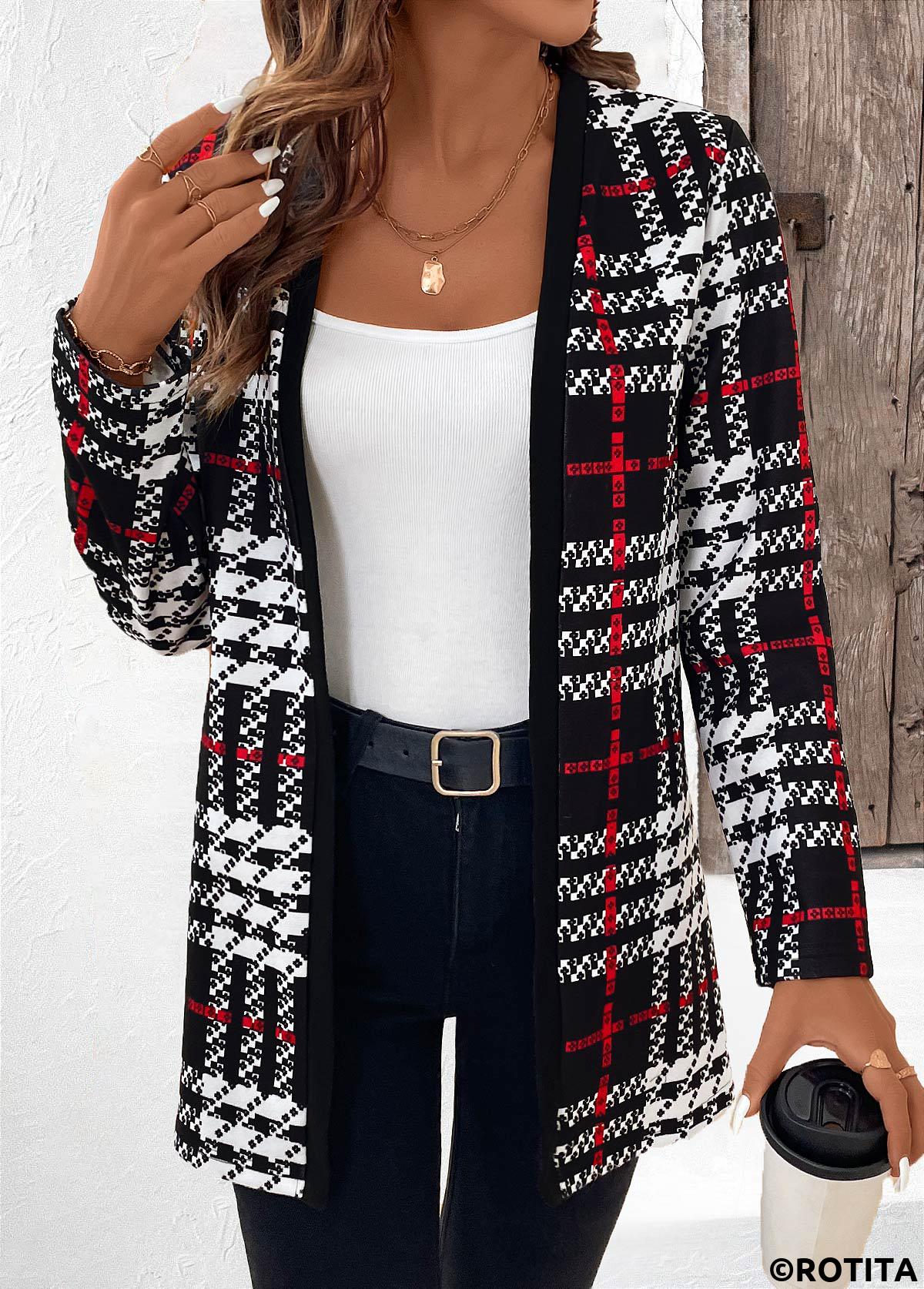 Black tops,Plaid tops,Geometric tops,Striped tops,ROTITA Patchwork Plaid Black Long Sleeve Coat