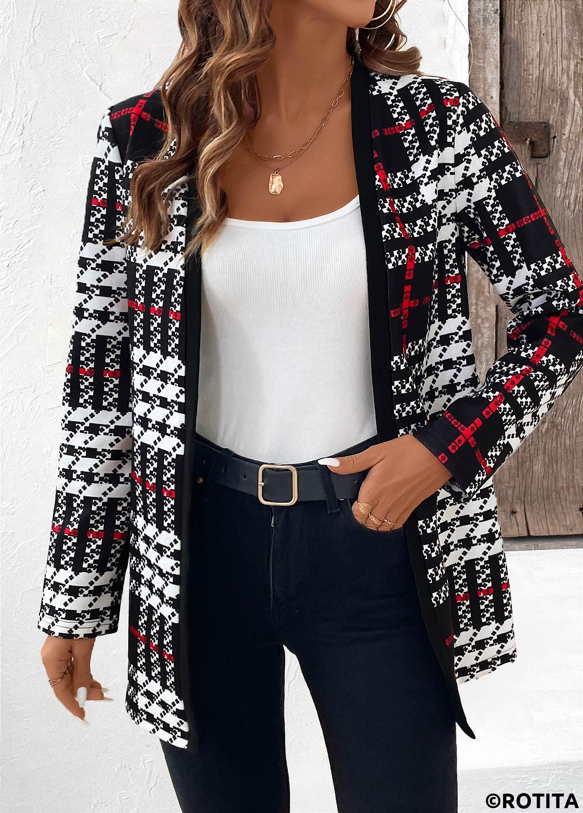 Black tops,Plaid tops,Geometric tops,Striped tops,ROTITA Patchwork Plaid Black Long Sleeve Coat