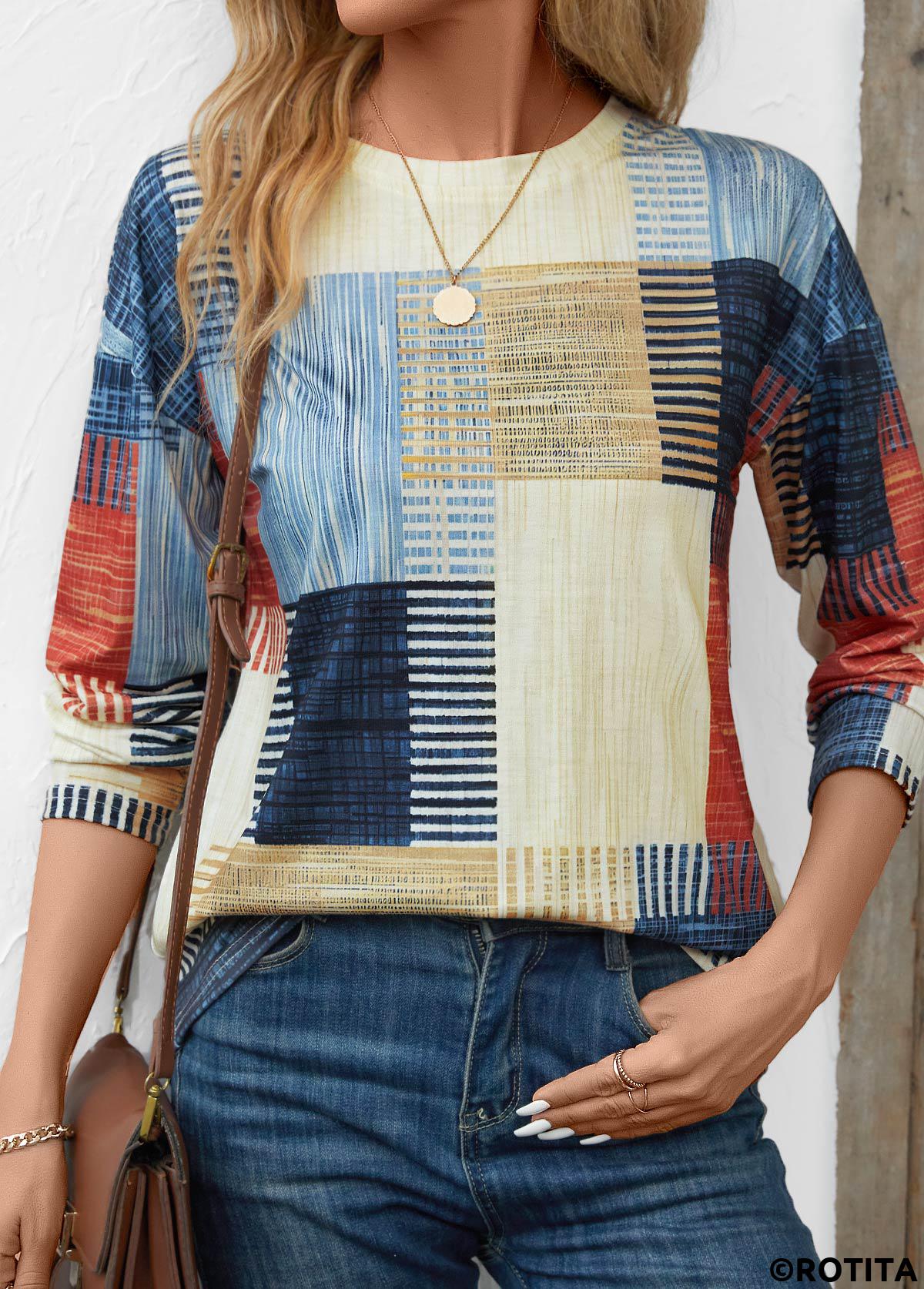 Beige plus size,Geometric plus size,Striped plus size,ROTITA Plus Size Patchwork Beige Geometric Print T Shirt