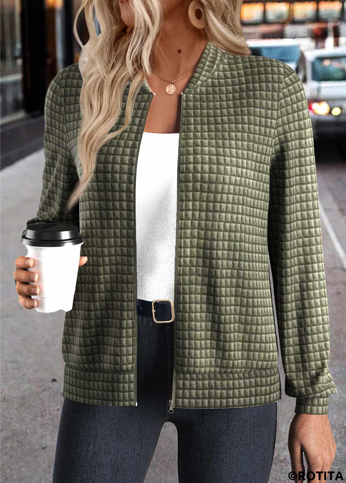 Olive Green tops,Plain Color tops,ROTITA Jacquard Olive Green Stand Collar Long Sleeve Jacket