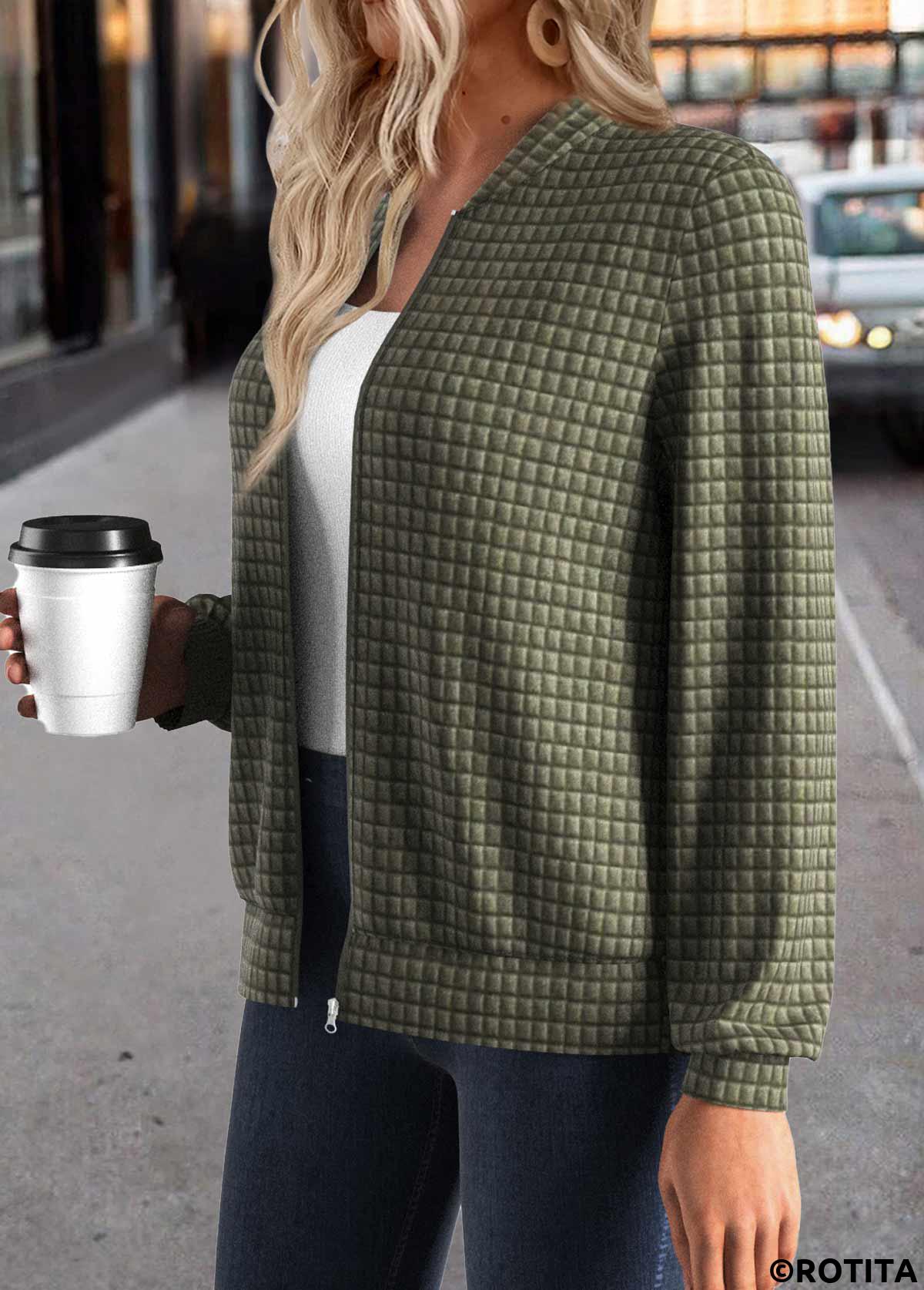 Olive Green tops,Plain Color tops,ROTITA Jacquard Olive Green Stand Collar Long Sleeve Jacket