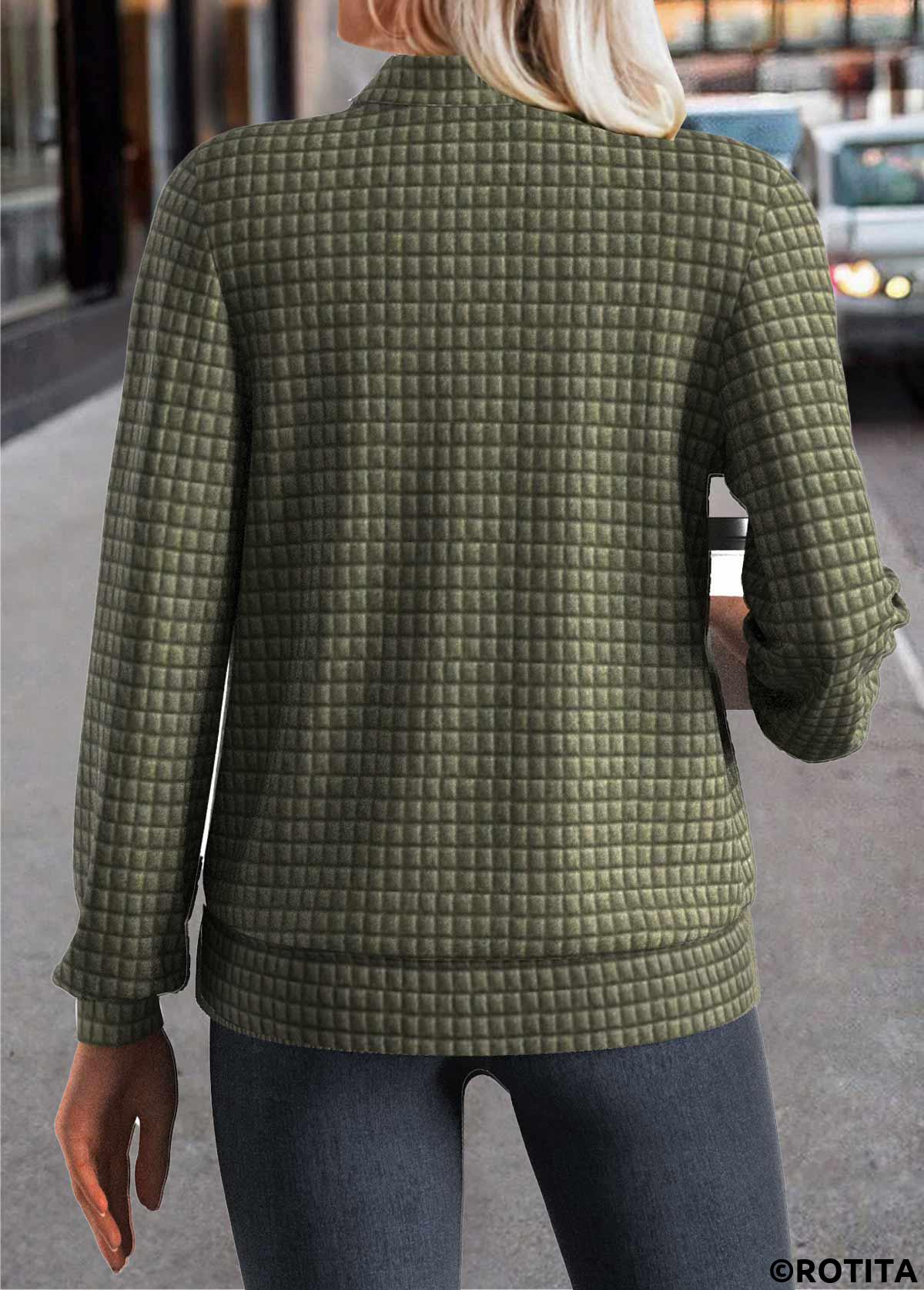 Olive Green tops,Plain Color tops,ROTITA Jacquard Olive Green Stand Collar Long Sleeve Jacket