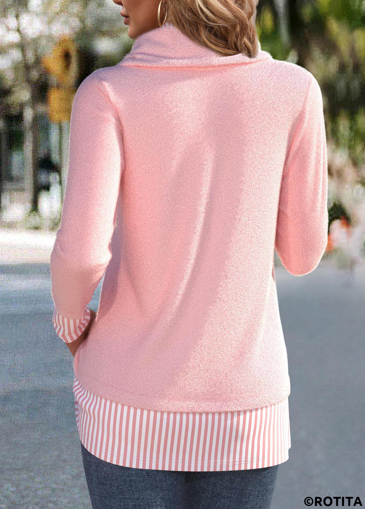 Light Pink tops,Striped tops,Geometric tops,ROTITA Patchwork Striped Light Pink Cowl Neck Long Sleeve Sweatshirt