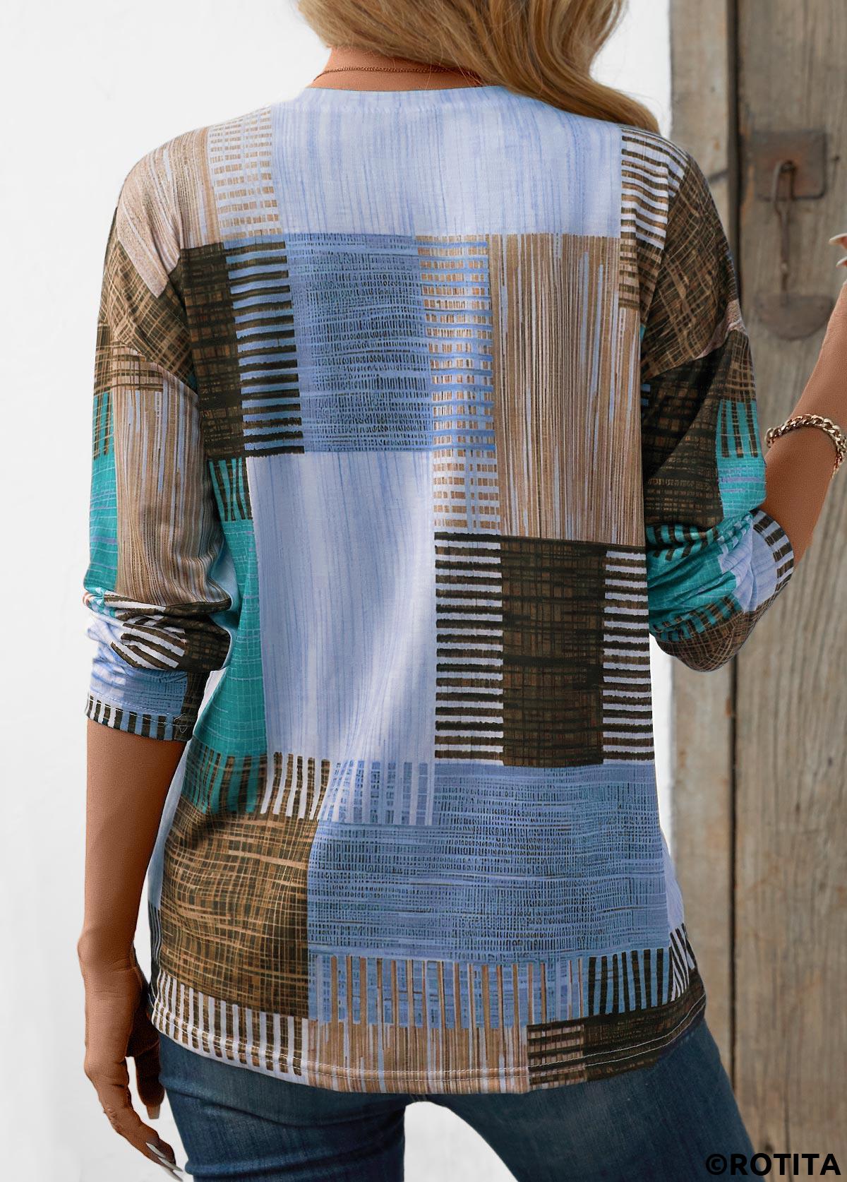 Blue tops,Geometric tops,Striped tops,ROTITA Patchwork Geometric Print Blue Round Neck T Shirt