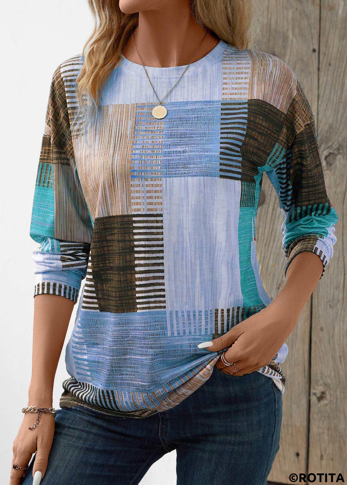 Blue tops,Geometric tops,Striped tops,ROTITA Patchwork Geometric Print Blue Round Neck T Shirt