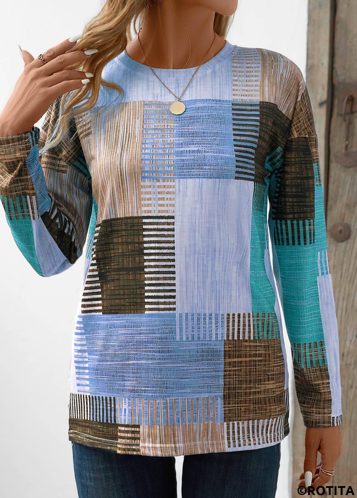 Blue tops,Geometric tops,Striped tops,ROTITA Patchwork Geometric Print Blue Round Neck T Shirt