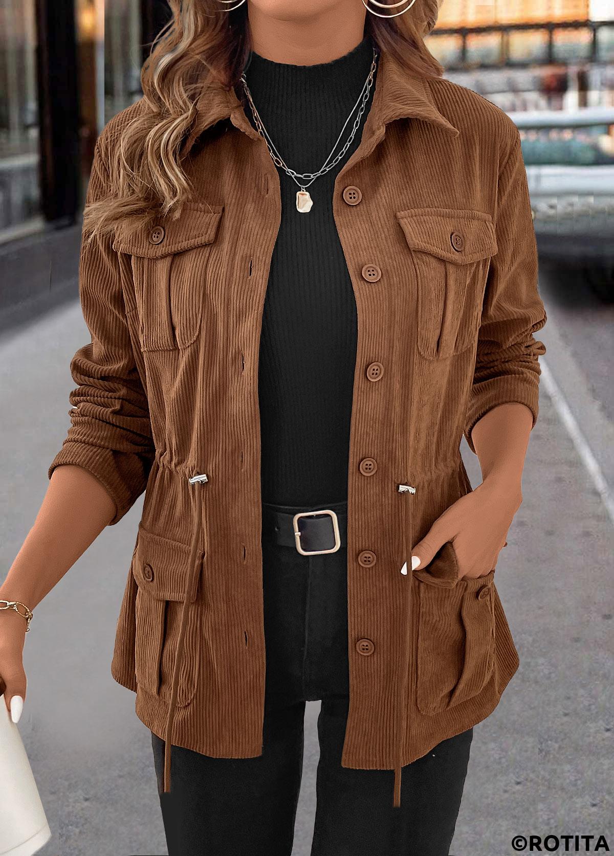 Dark Coffee tops,Plain Color tops,ROTITA Drawstring Dark Coffee Shirt Collar Long Sleeve Coat