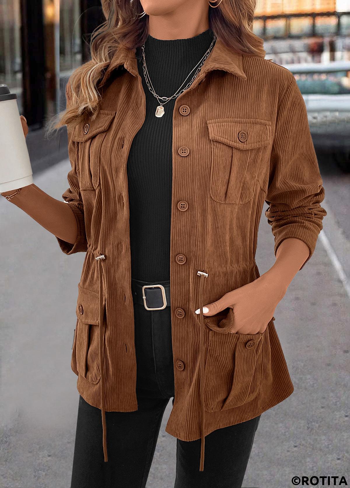 Dark Coffee tops,Plain Color tops,ROTITA Drawstring Dark Coffee Shirt Collar Long Sleeve Coat