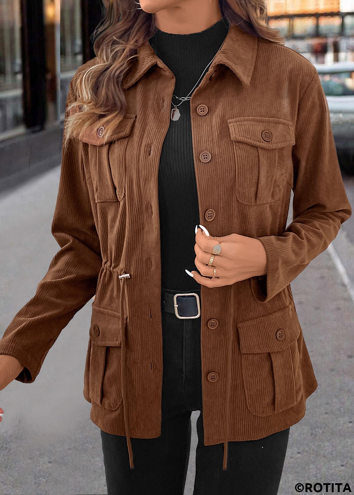 Dark Coffee tops,Plain Color tops,ROTITA Drawstring Dark Coffee Shirt Collar Long Sleeve Coat