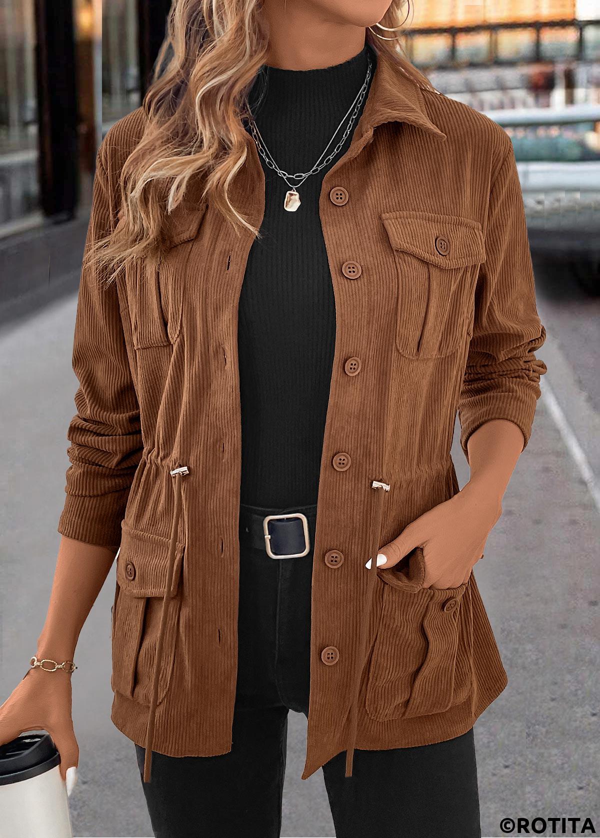 Dark Coffee tops,Plain Color tops,ROTITA Drawstring Dark Coffee Shirt Collar Long Sleeve Coat