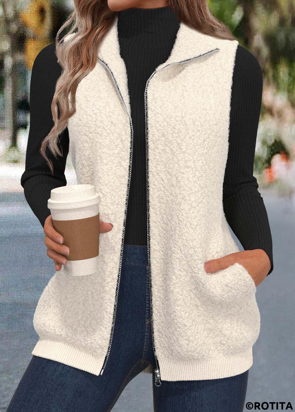 Beige tops,Plain Color tops,ROTITA Zipper Beige Stand Collar Sleeveless Waistcoat