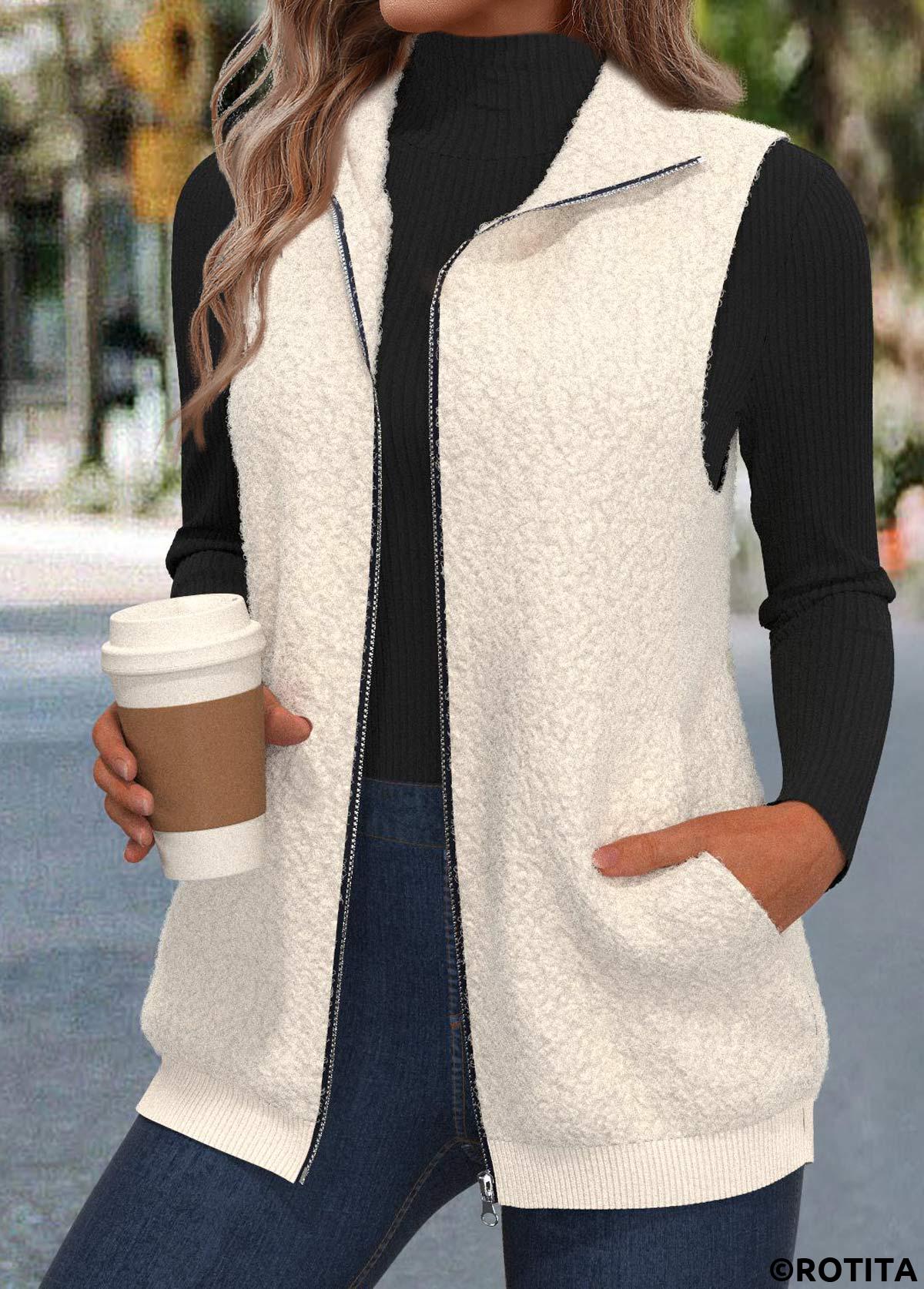 Beige tops,Plain Color tops,ROTITA Zipper Beige Stand Collar Sleeveless Waistcoat