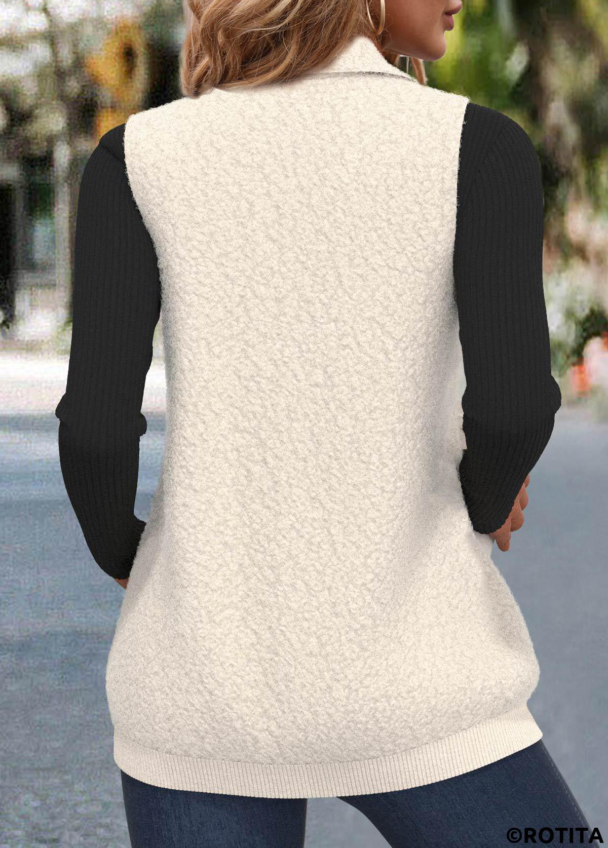 Beige tops,Plain Color tops,ROTITA Zipper Beige Stand Collar Sleeveless Waistcoat