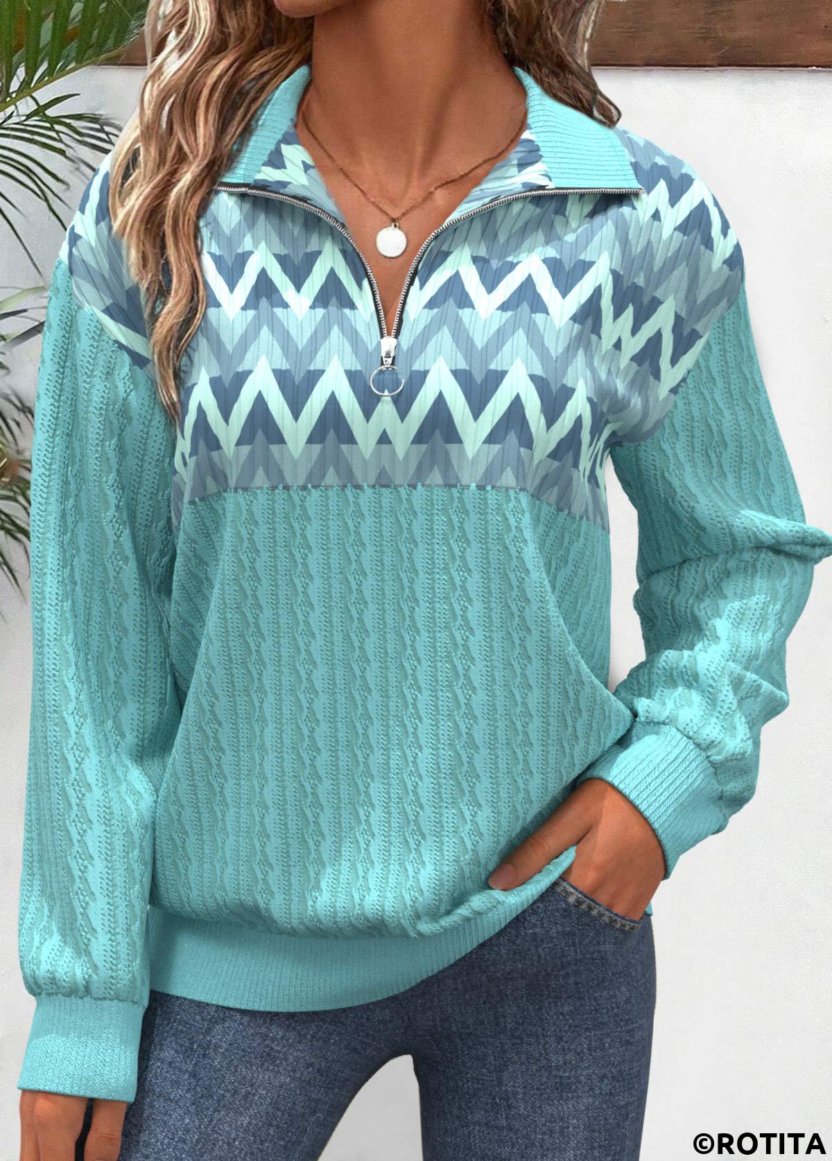 Mint Green tops,Geometric tops,ROTITA Zipper Geometric Print Mint Green V Neck Sweatshirt