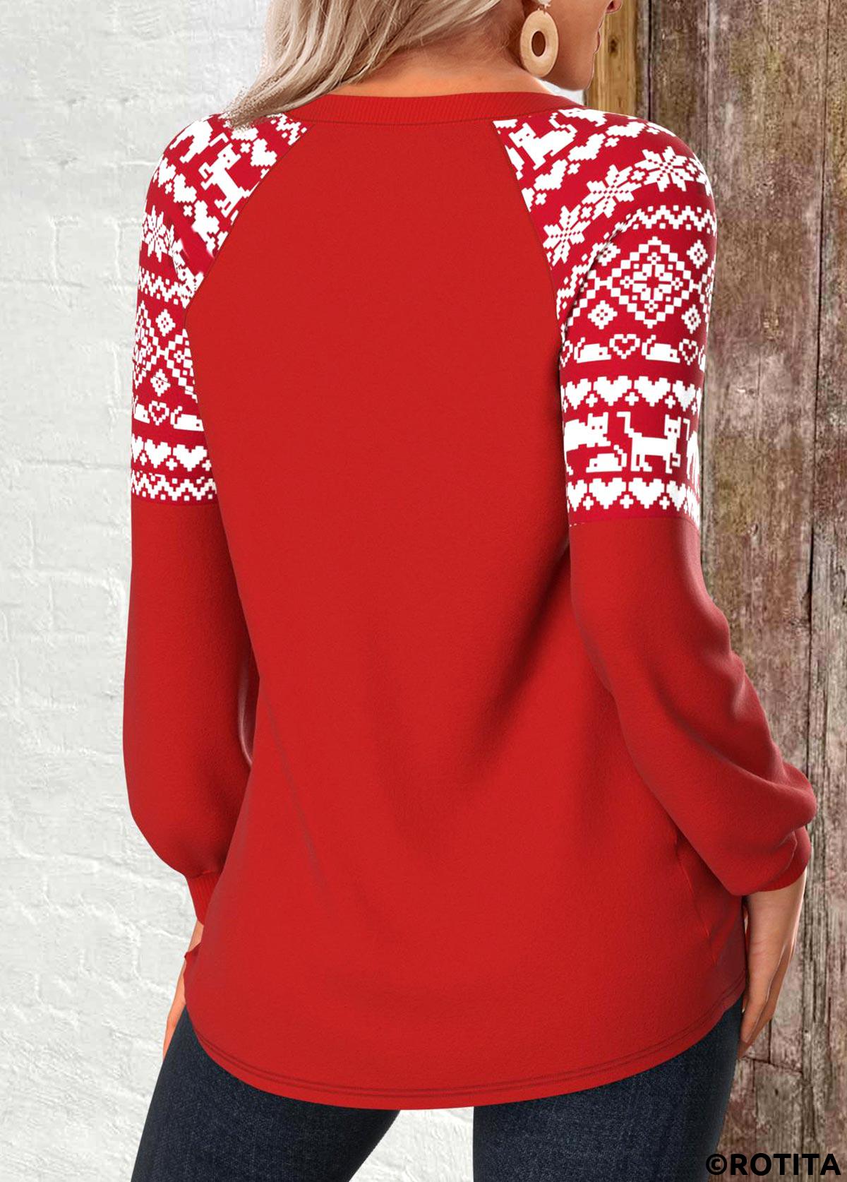 Red tops,Christmas tops,Letter tops,ROTITA Christmas Patchwork Red Round Neck Long Sleeve Sweatshirt
