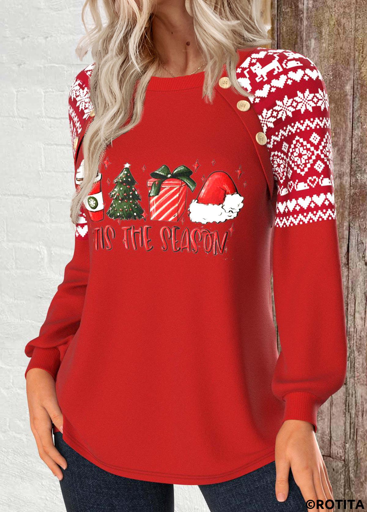 Red tops,Christmas tops,Letter tops,ROTITA Christmas Patchwork Red Round Neck Long Sleeve Sweatshirt