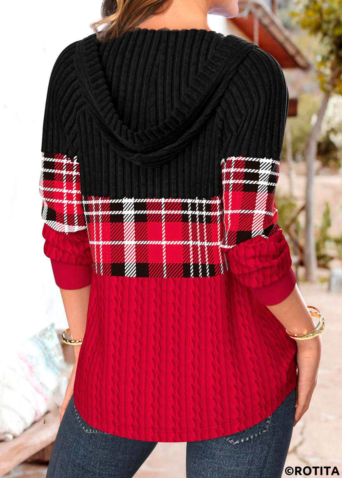 Red tops,Plaid tops,ROTITA Patchwork Plaid Red Long Sleeve Hoodie
