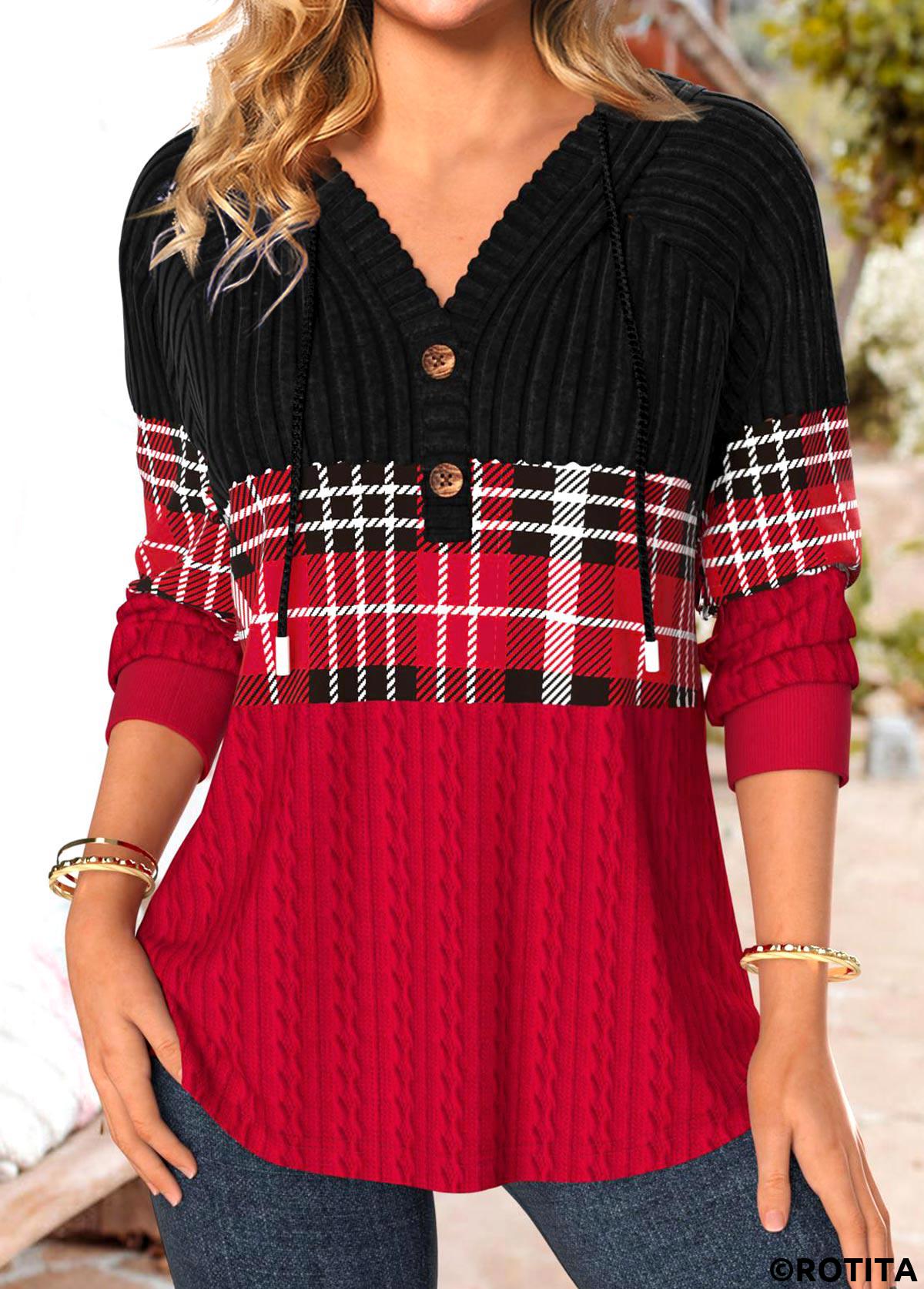 Red tops,Plaid tops,ROTITA Patchwork Plaid Red Long Sleeve Hoodie