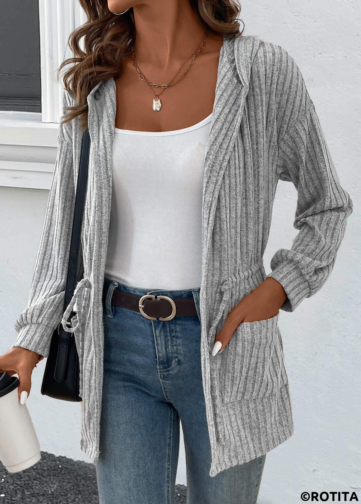 Grey tops,Plain Color tops,ROTITA Drawstring Grey Long Sleeve Light Cardigan