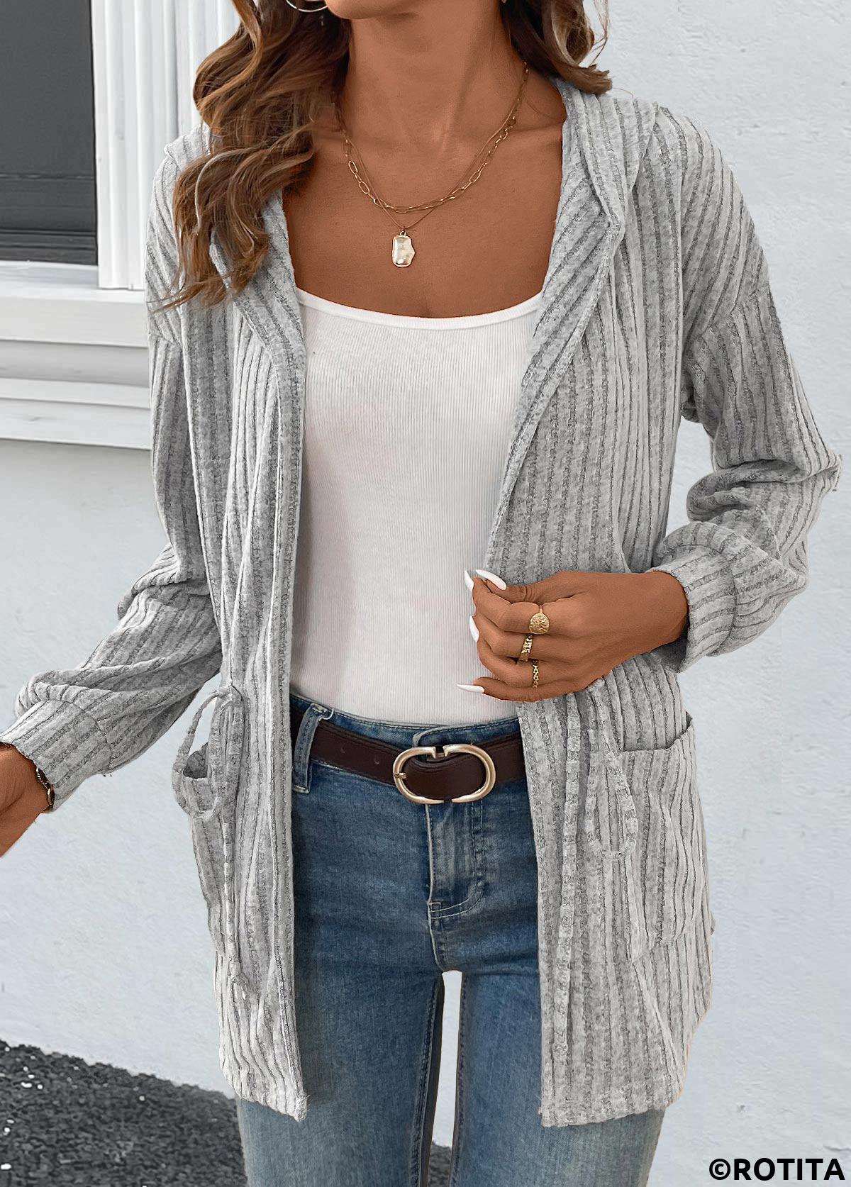 Grey tops,Plain Color tops,ROTITA Drawstring Grey Long Sleeve Light Cardigan