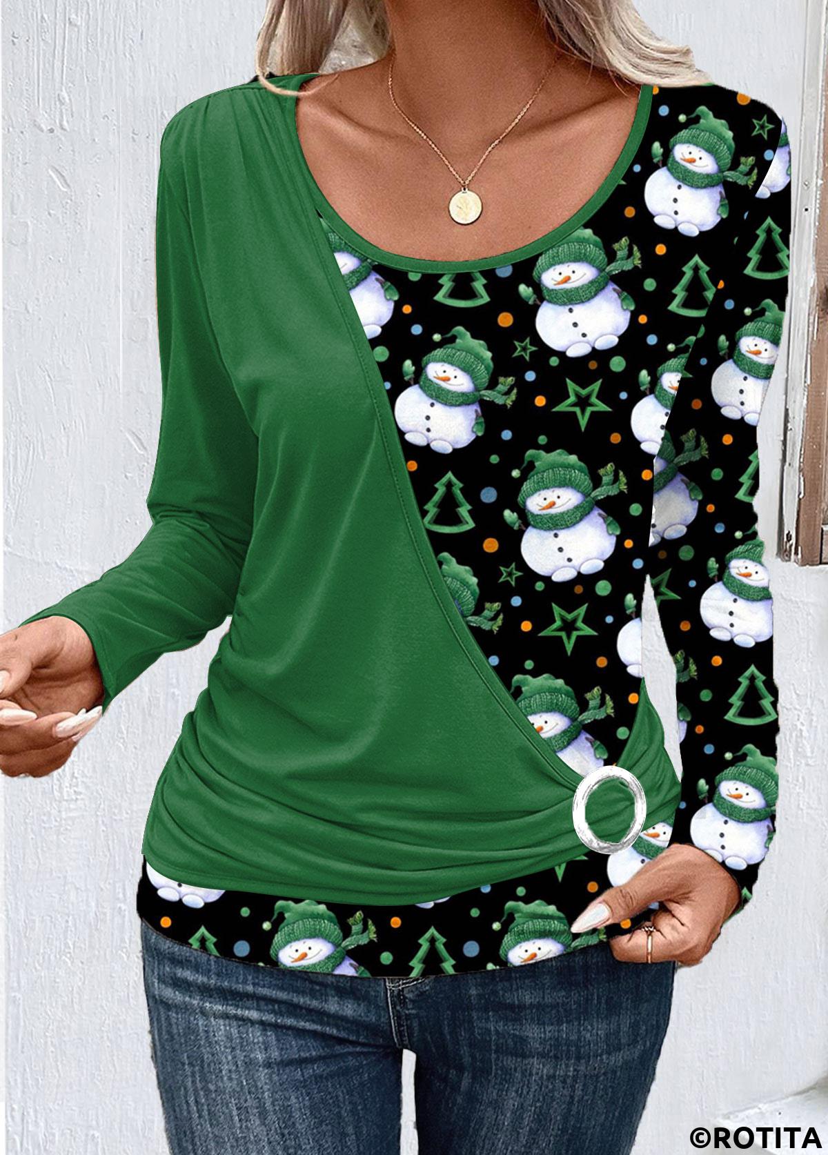 Green tops,Christmas tops,Plants tops,Dot tops,ROTITA Christmas Patchwork Santa Claus Print Green T Shirt