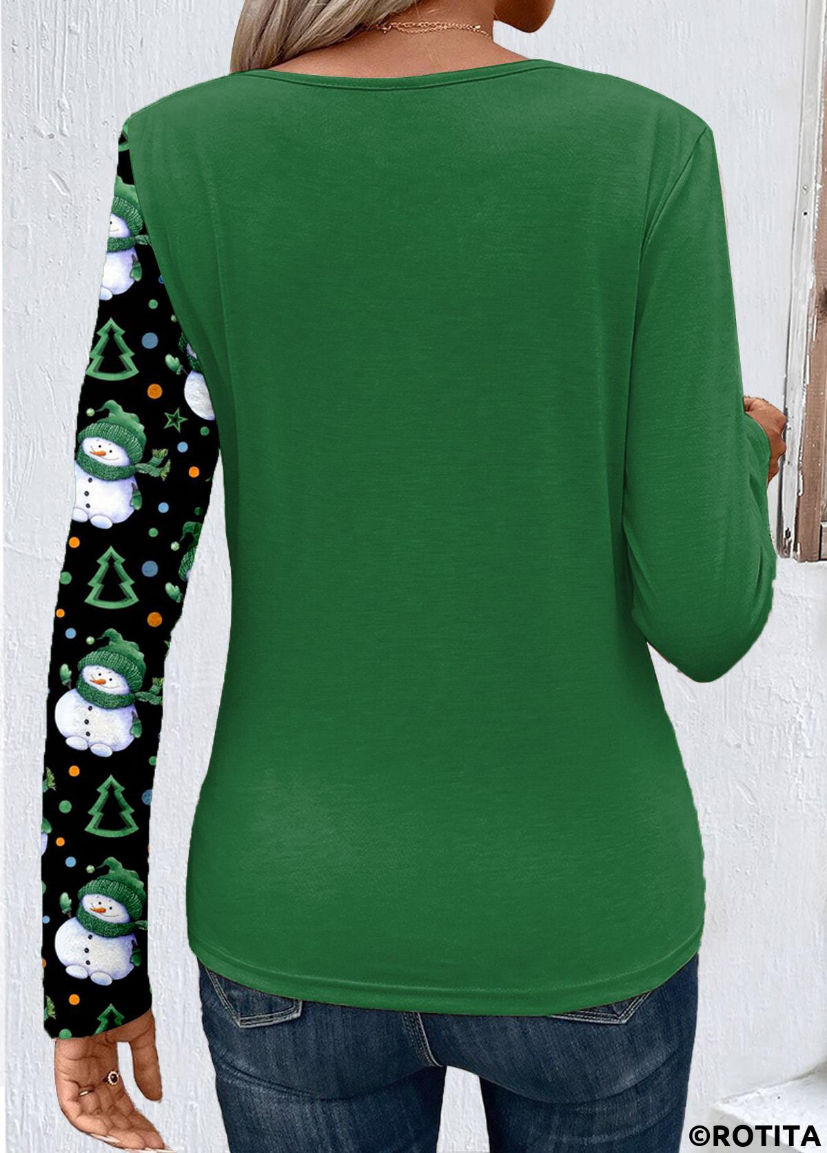 Green tops,Christmas tops,Plants tops,Dot tops,ROTITA Christmas Patchwork Santa Claus Print Green T Shirt