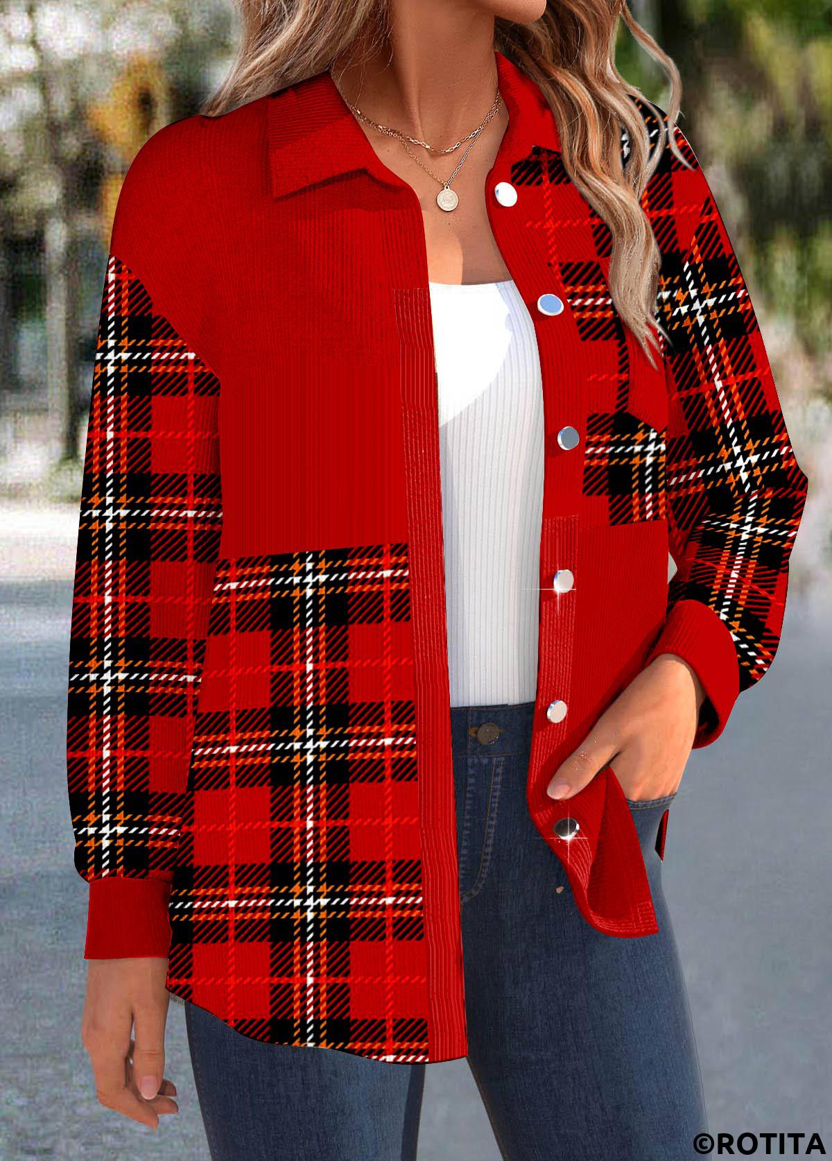 Red tops,Plaid tops,ROTITA Patchwork Plaid Red Shirt Collar Long Sleeve Corduroy Jacket