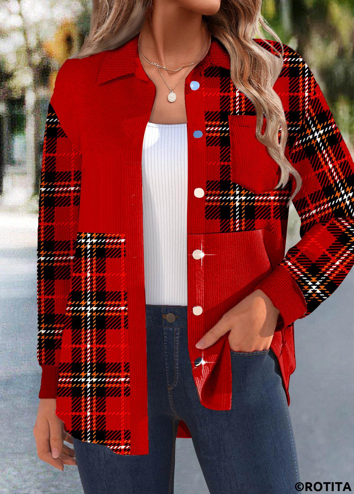 Red tops,Plaid tops,ROTITA Patchwork Plaid Red Shirt Collar Long Sleeve Corduroy Jacket
