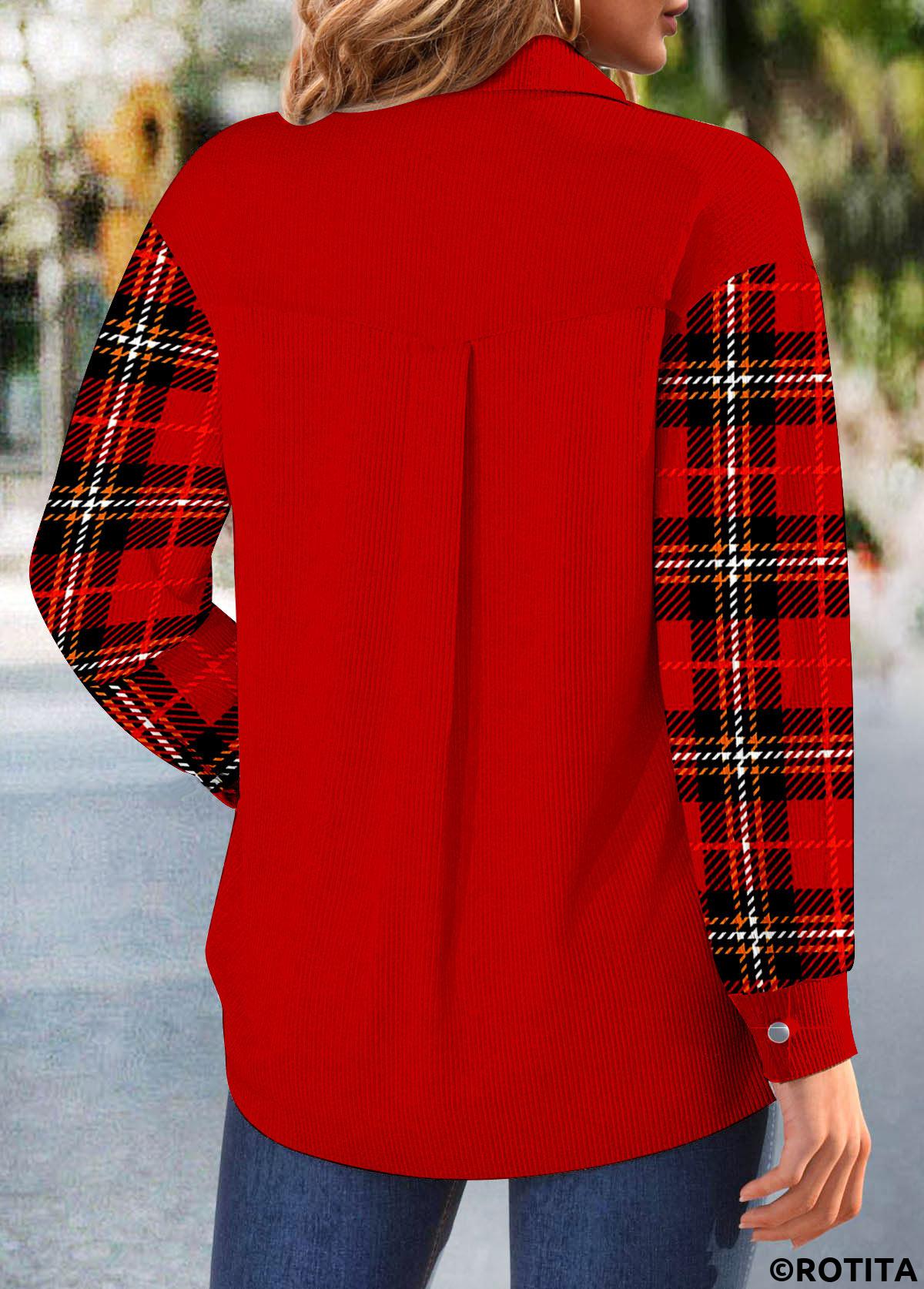 Red tops,Plaid tops,ROTITA Patchwork Plaid Red Shirt Collar Long Sleeve Corduroy Jacket